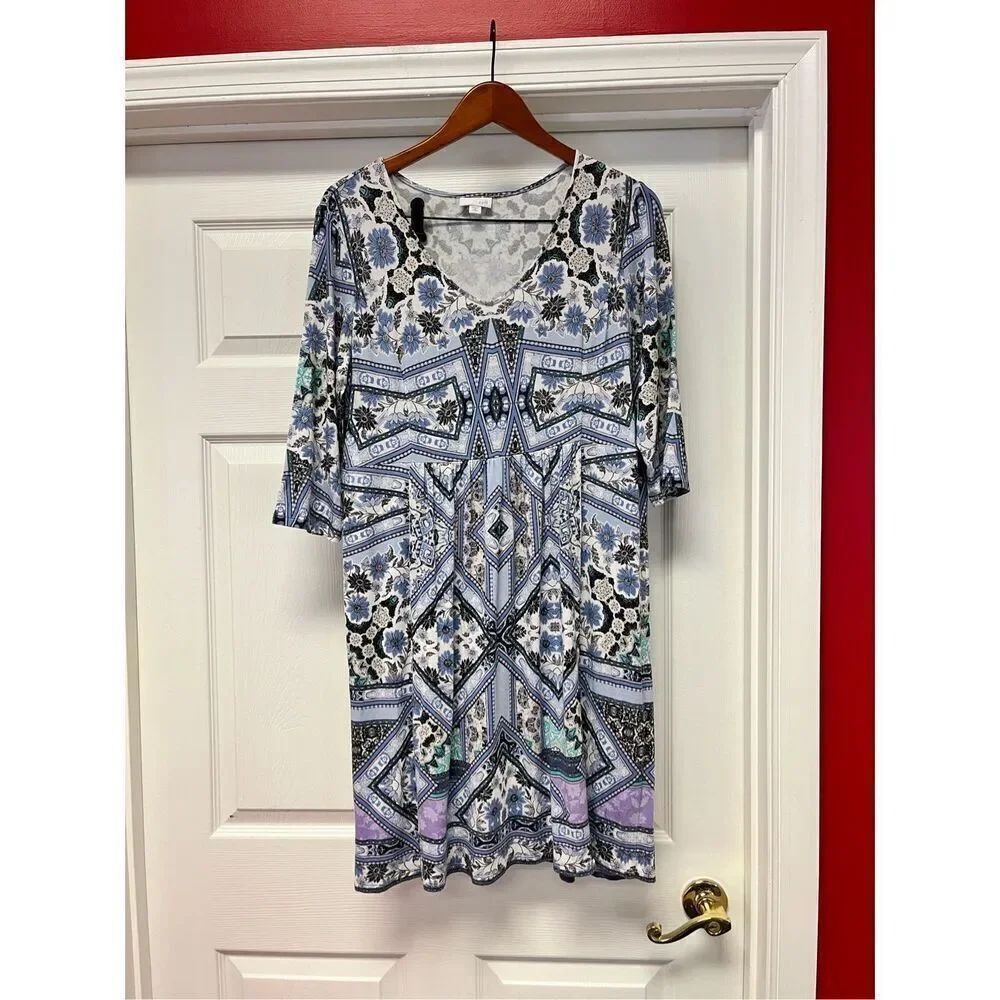 J. Jill Soft Blue & Gray Print Drop Waist Loose Dress Sz MP EUC
